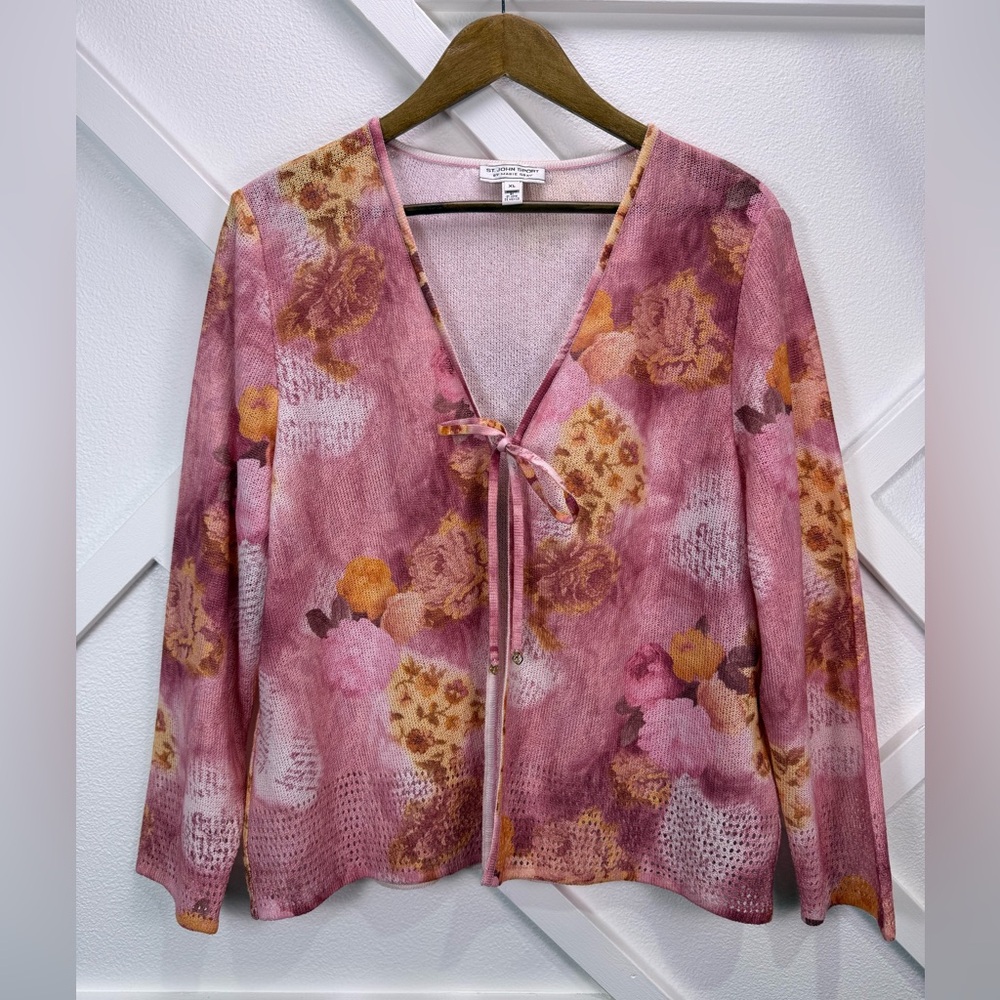 St. John Sport Y2K Floral Knit Tie Front Cardigan Pink Pointelle Top Size XL